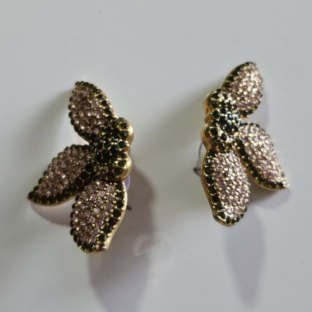 STELLA & DOT Flower Pink Green Pave Rhinestone Pierced Earrings - Picture 11 of 12